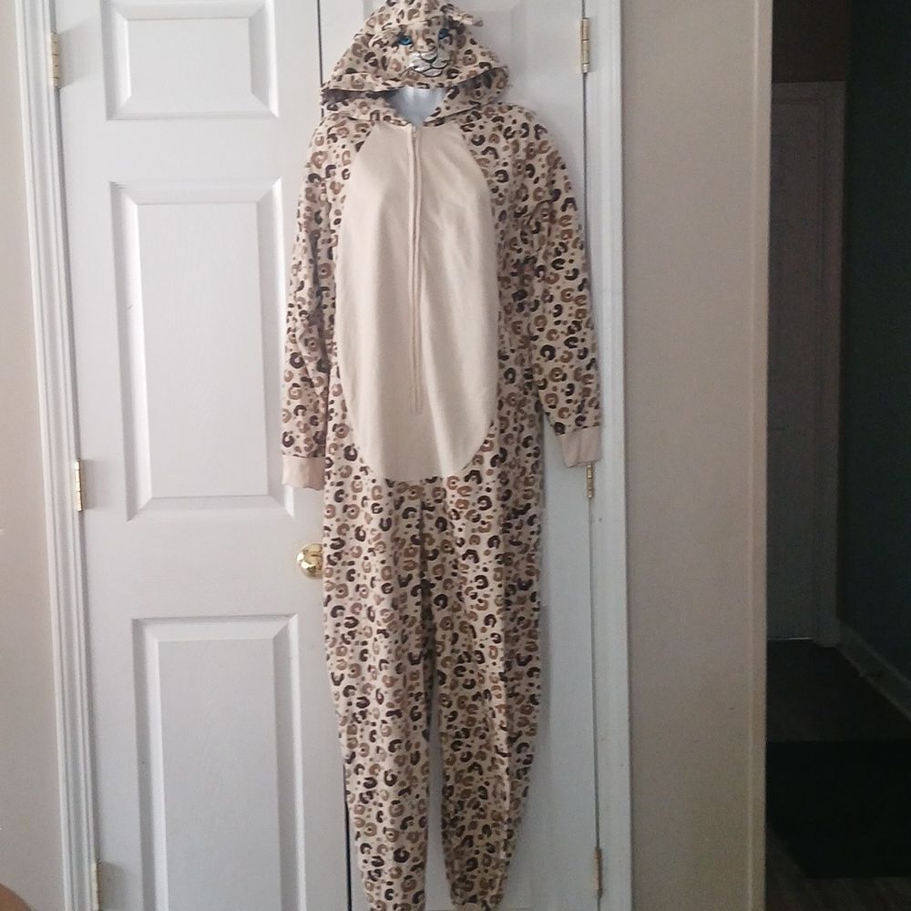 Joe Boxer Leopard print hooded onesie pajama coverall Sz  XL EUC